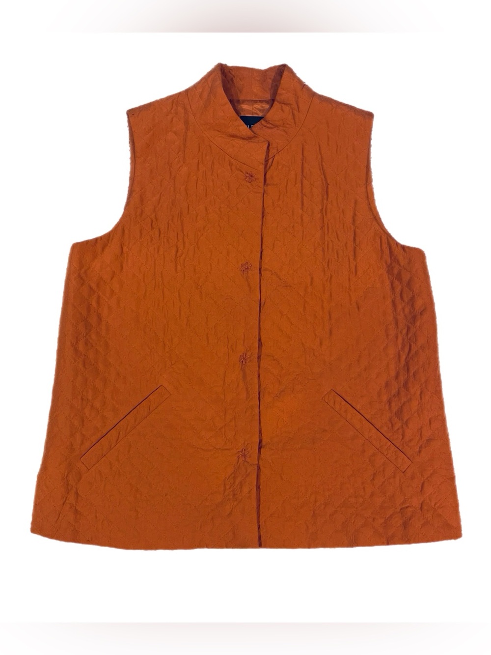Eileen Fisher 100% Silk pumpkin orange rust vest autumn fall quilted pockets XS